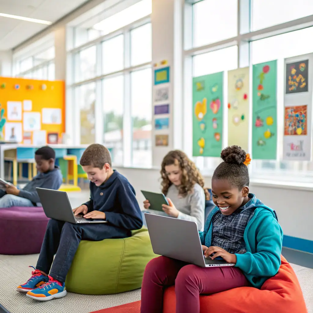 Students in a classroom using laptops, representing the education industry.