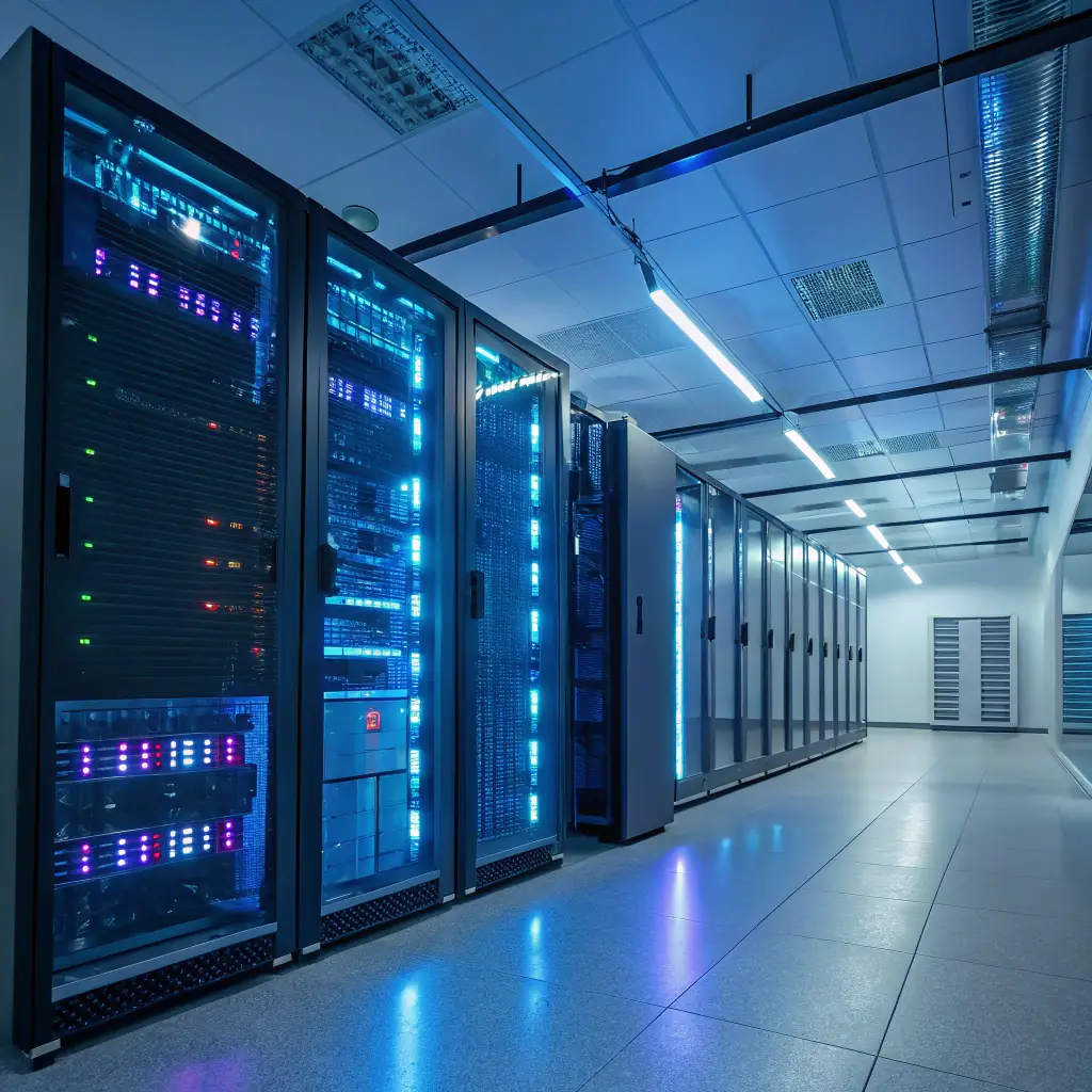 A server room filled with blinking lights and various computer equipment, representing the IT industry.