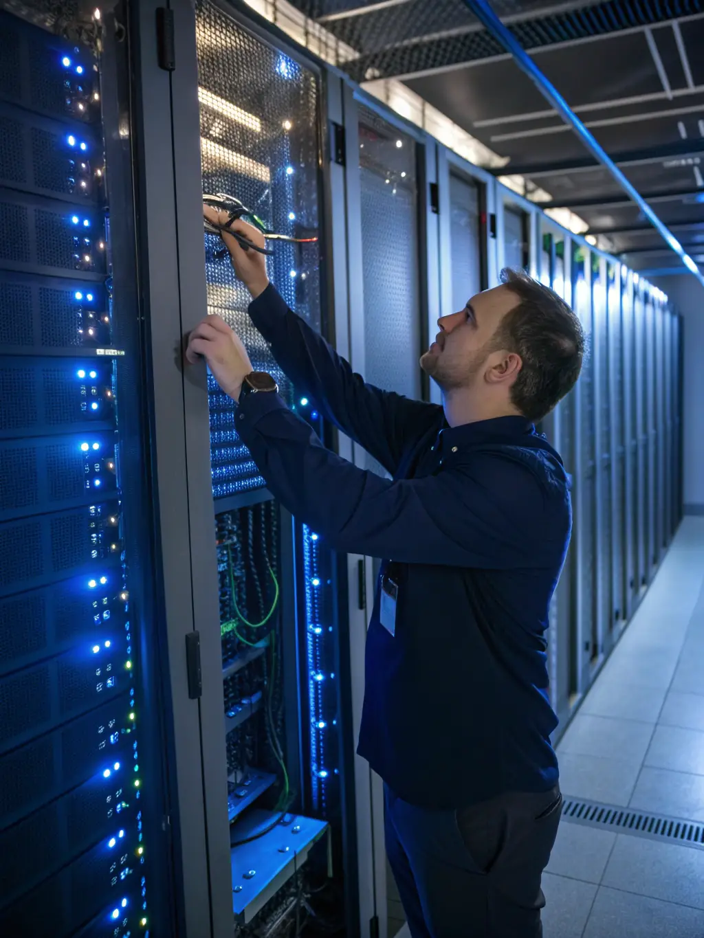 A network engineer configuring a complex server setup, highlighting Thalz's capabilities in network infrastructure management.