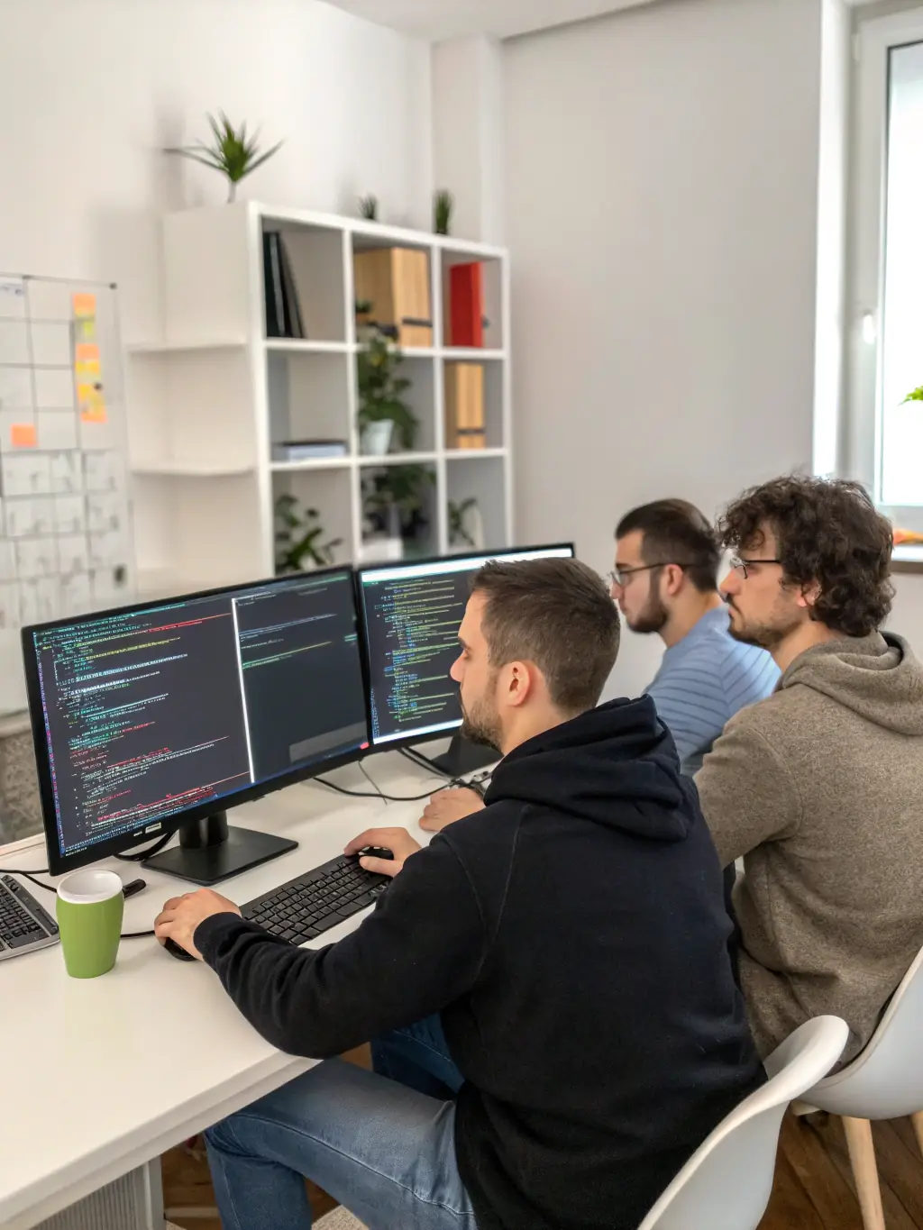 A diverse team of software developers collaborating on a complex coding project, showcasing Thalz's expertise in software development.