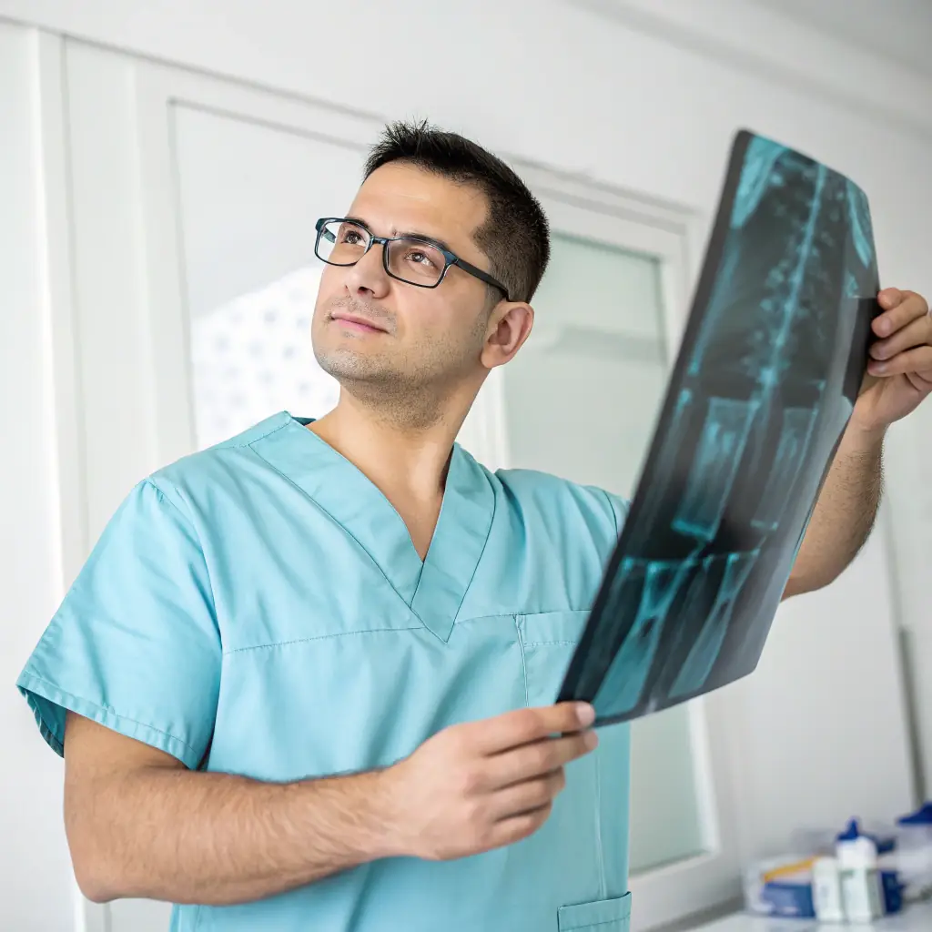 A doctor examining an x-ray, representing the healthcare industry.